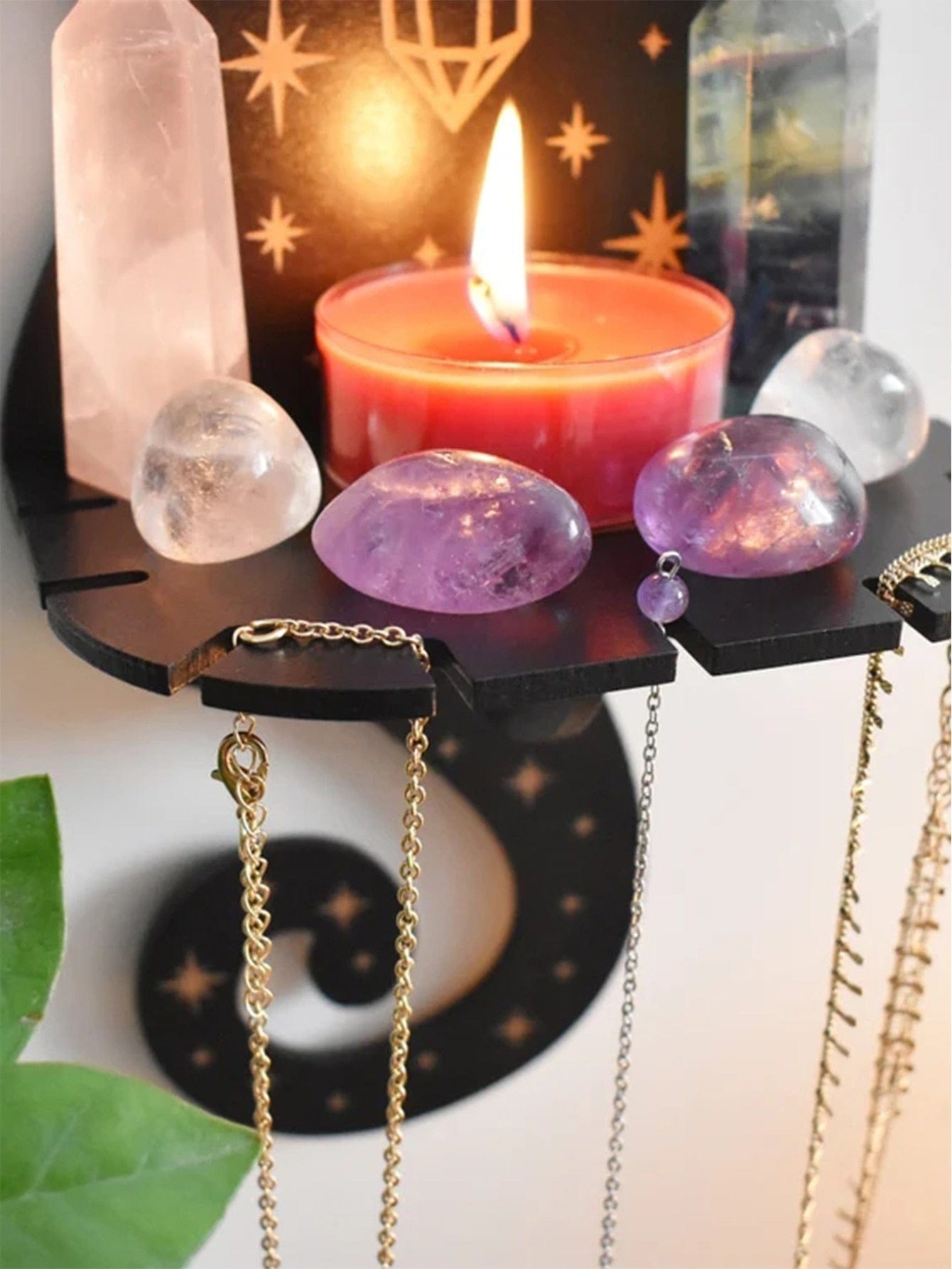 Mystic Cat Wall Shelf with Candle, Crystals & Jewelry