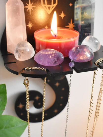 Mystic Cat Wall Shelf with Candle, Crystals & Jewelry