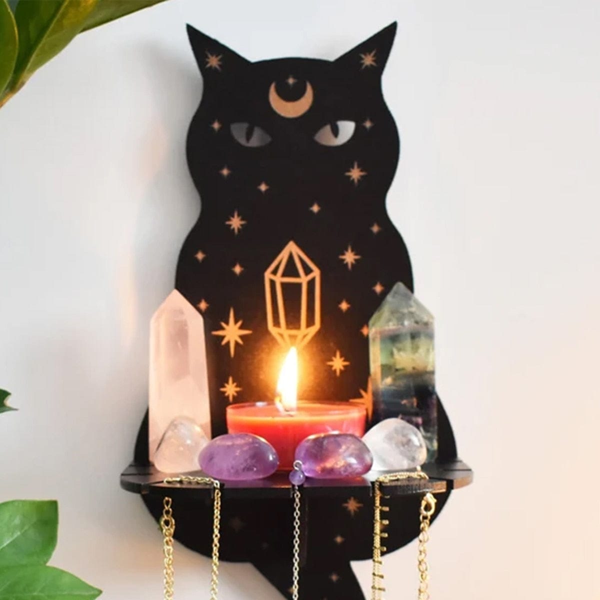 Mystical Black Cat Crystal Wall Shelf with Candle & Gemstones