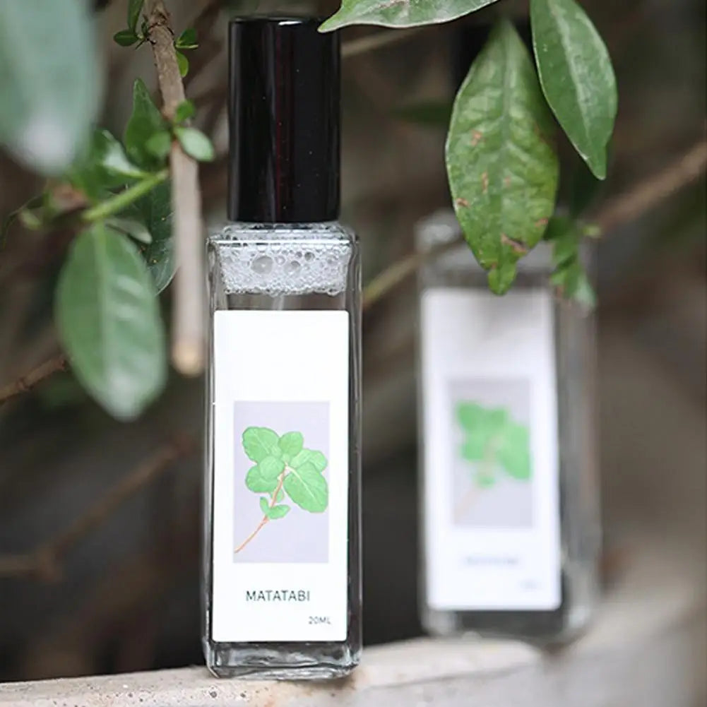 Two perfume bottles with green leaf design labels on a natural background