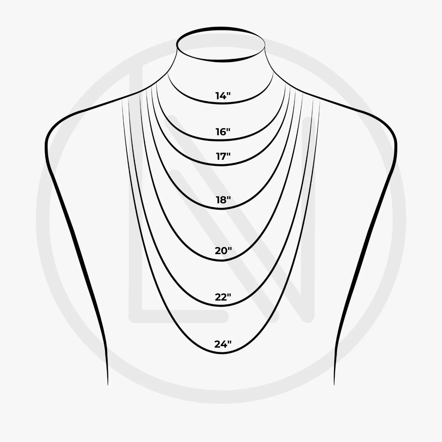 Mannequin neck with necklace length measurements on a white background