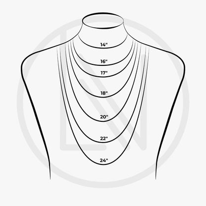 Mannequin neck with necklace length measurements on a white background