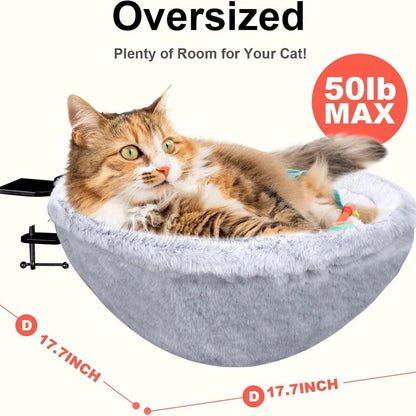 Cat lying on a gray pet bed with measurements and weight capacity displayed.