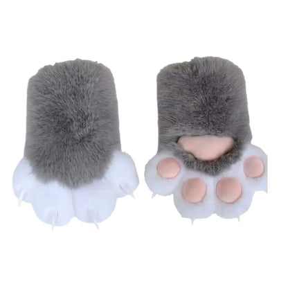 Pair of gray fluffy paw-shaped gloves on a white background