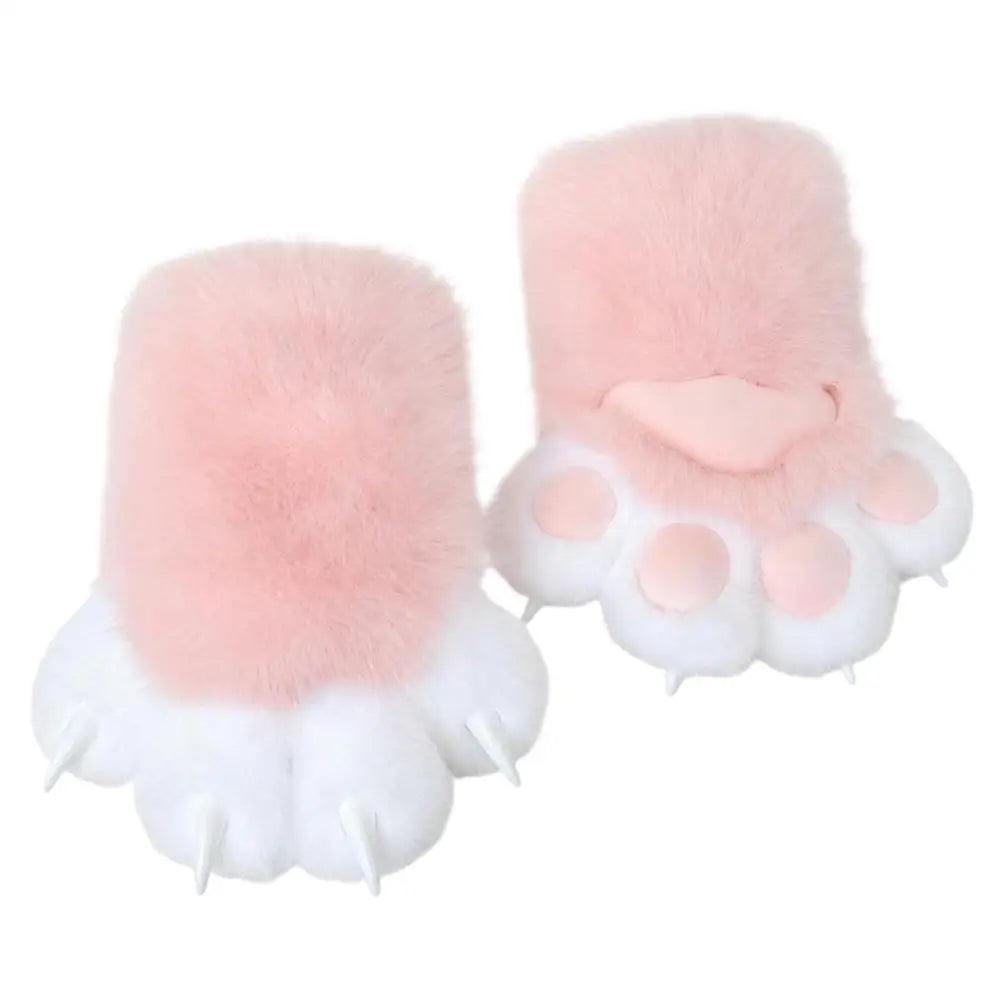 Pair of pink paw-shaped gloves on a white background