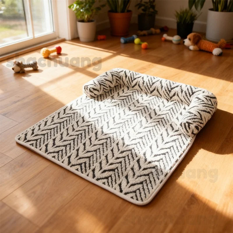 Patterned pet bed on a wooden floor with toys and plants in the background