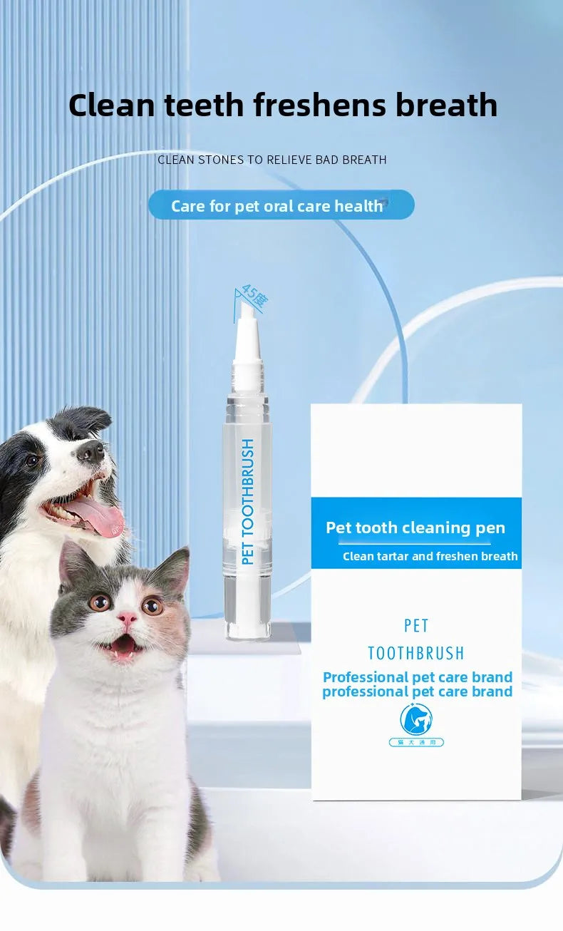 Pet tooth cleaning pen with two cats and text about pet oral care.
