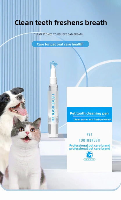 Pet tooth cleaning pen with two cats and text about pet oral care.