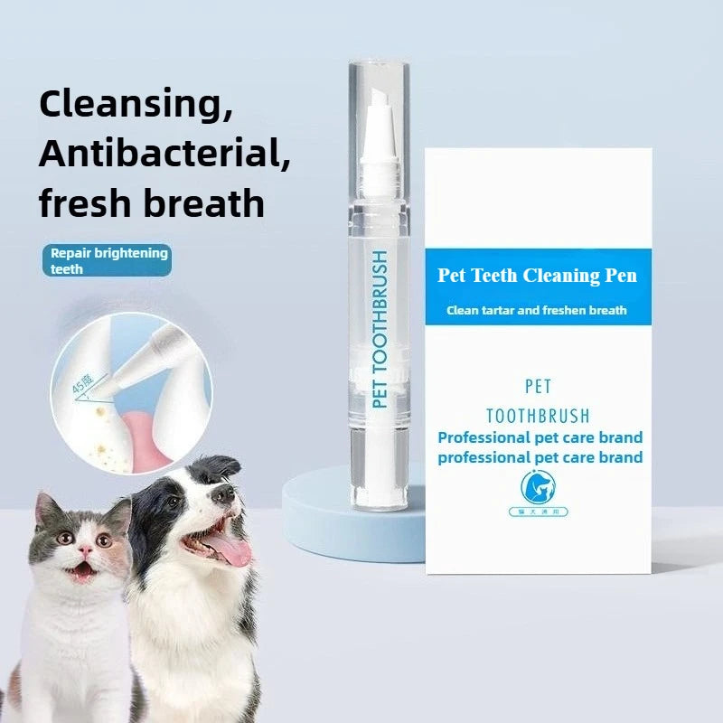 Pet teeth cleaning pen with packaging and two dogs on a light blue background
