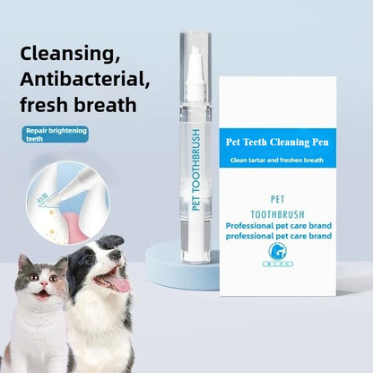 Pet teeth cleaning pen with packaging and two dogs on a light blue background