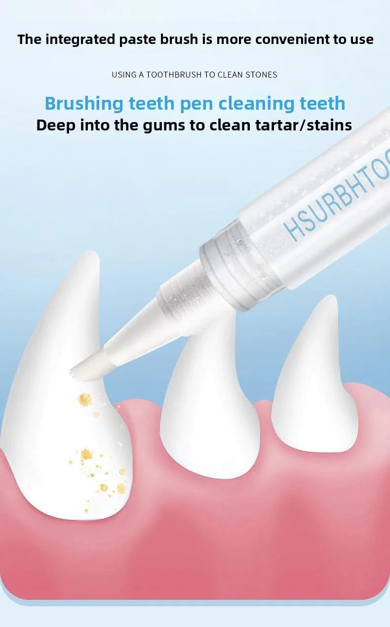 Tooth cleaning tool with text on a light blue background
