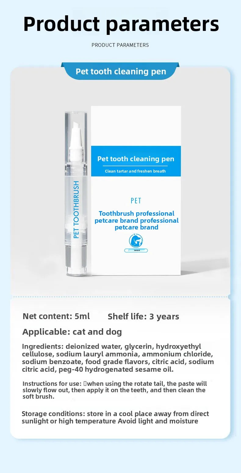 Pet tooth cleaning pen with packaging and product details on a light blue background