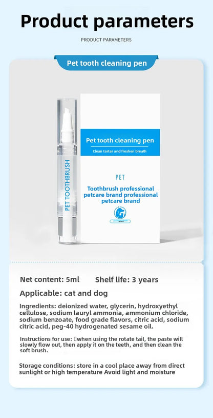 Pet tooth cleaning pen with packaging and product details on a light blue background