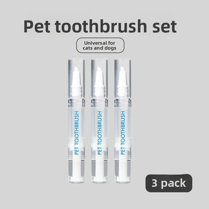 Three pet toothbrushes in a clear packaging on a gray background with text indicating they are universal for cats and dogs.