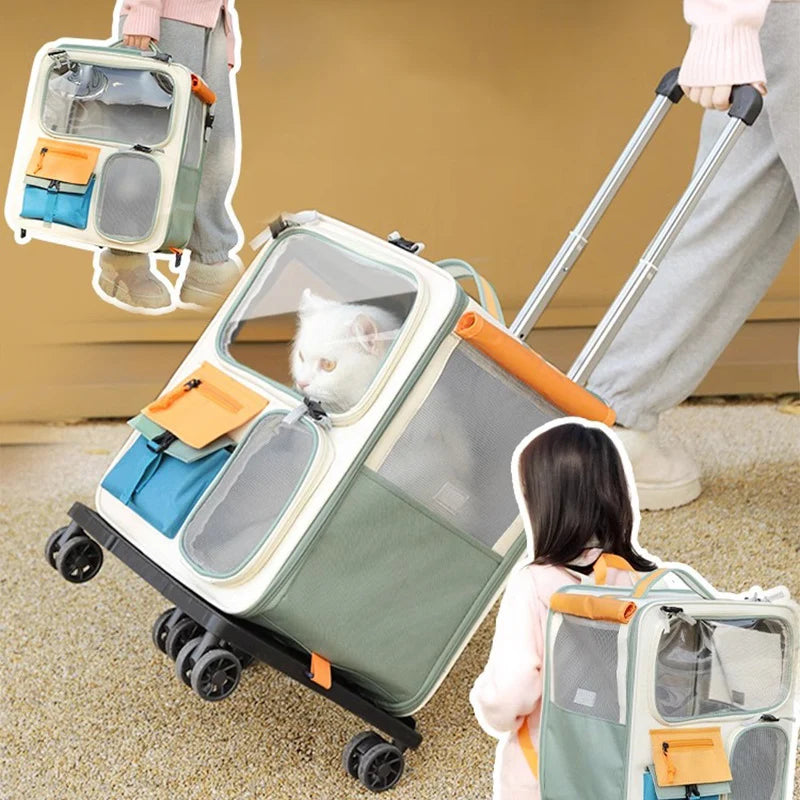 Pet carrier attached to a suitcase with wheels, showing a cat inside, being pulled by a person.