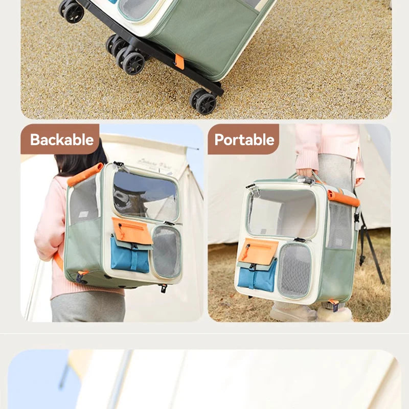 Pet carrier shown on wheels, being carried by a person, and attached to a backpack.