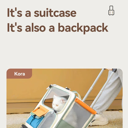 Pet carrier that can be used as a suitcase or backpack with text 'It's a suitcase, It's also a backpack