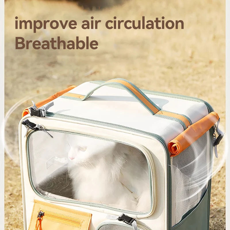 Pet carrier with a cat inside, labeled 'improve air circulation' and 'Breathable'.