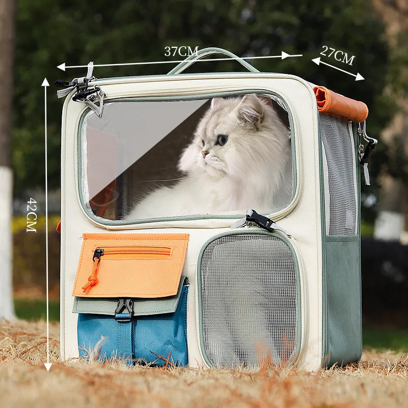 Pet carrier with a cat inside, showing dimensions, on a natural background.