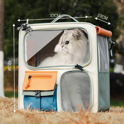 Pet carrier with a cat inside, showing dimensions, on a natural background.
