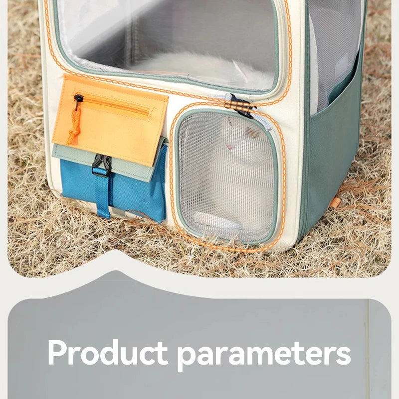 Pet carrier with a small animal inside on a grassy surface, labeled 'Product parameters'.