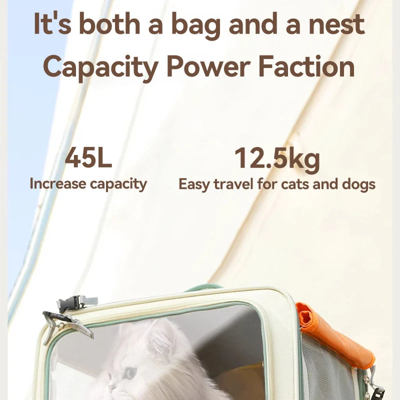 Pet carrier with text highlighting capacity and features