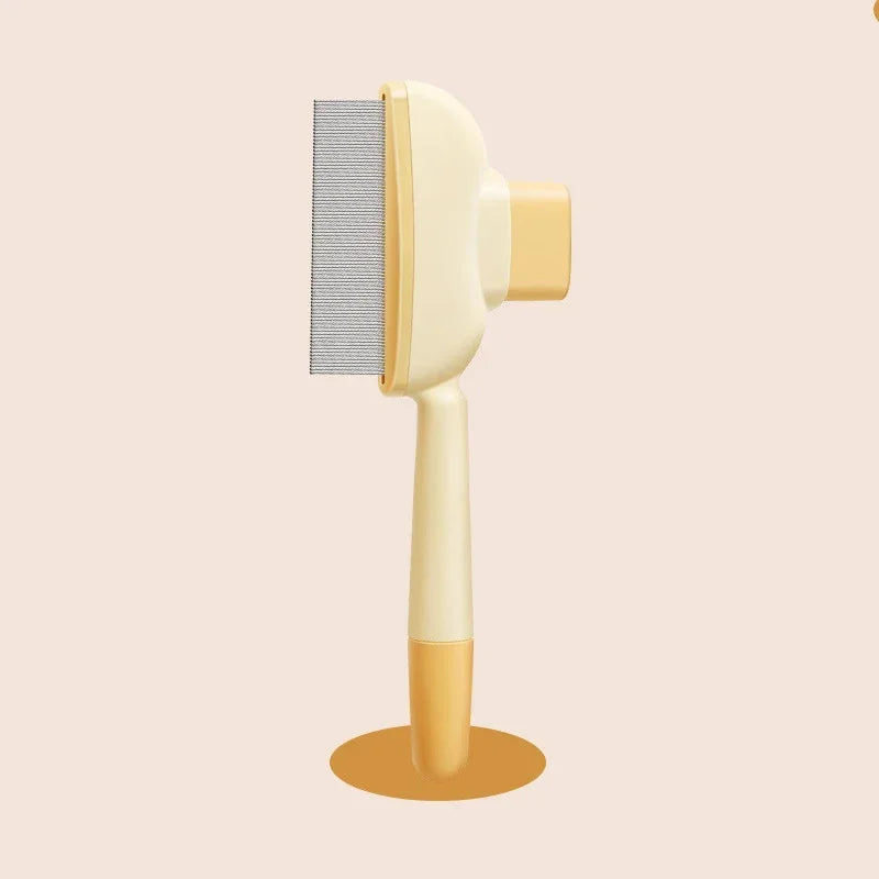 Grooming tool with a metallic head and beige handle on a beige background