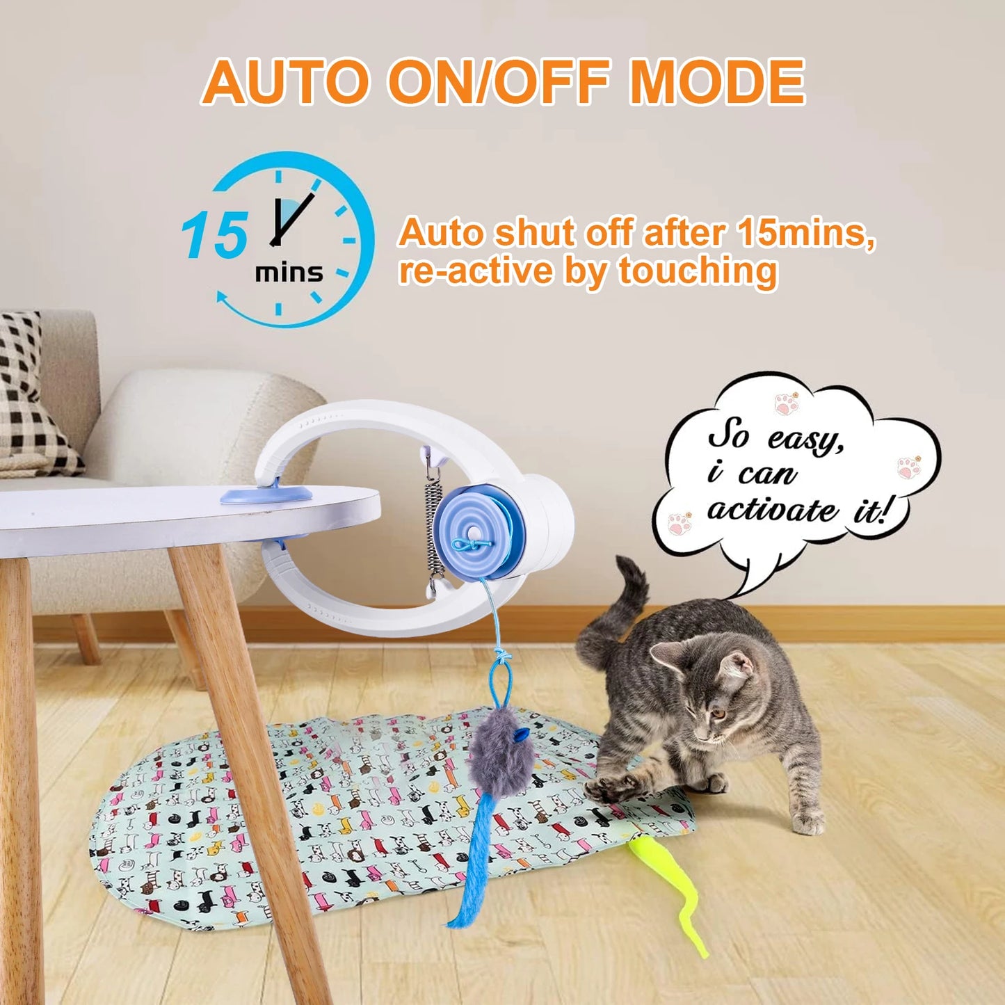 Pet toy with auto on/off mode for cats, featuring a cat interacting with it.