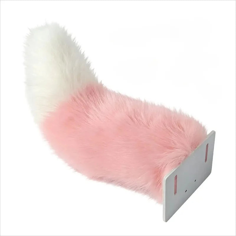 Pink and white fur product with a metal bracket on a white background