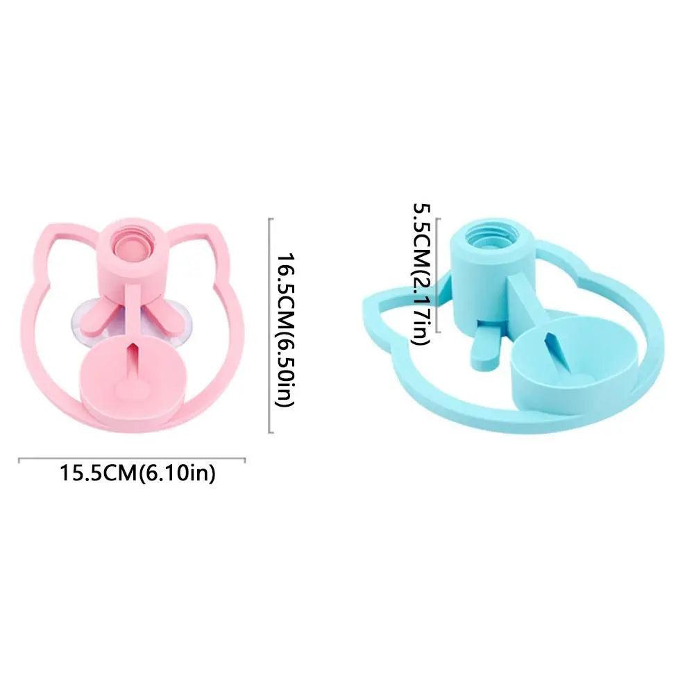 Pink and blue plastic tools with measurements on a white background