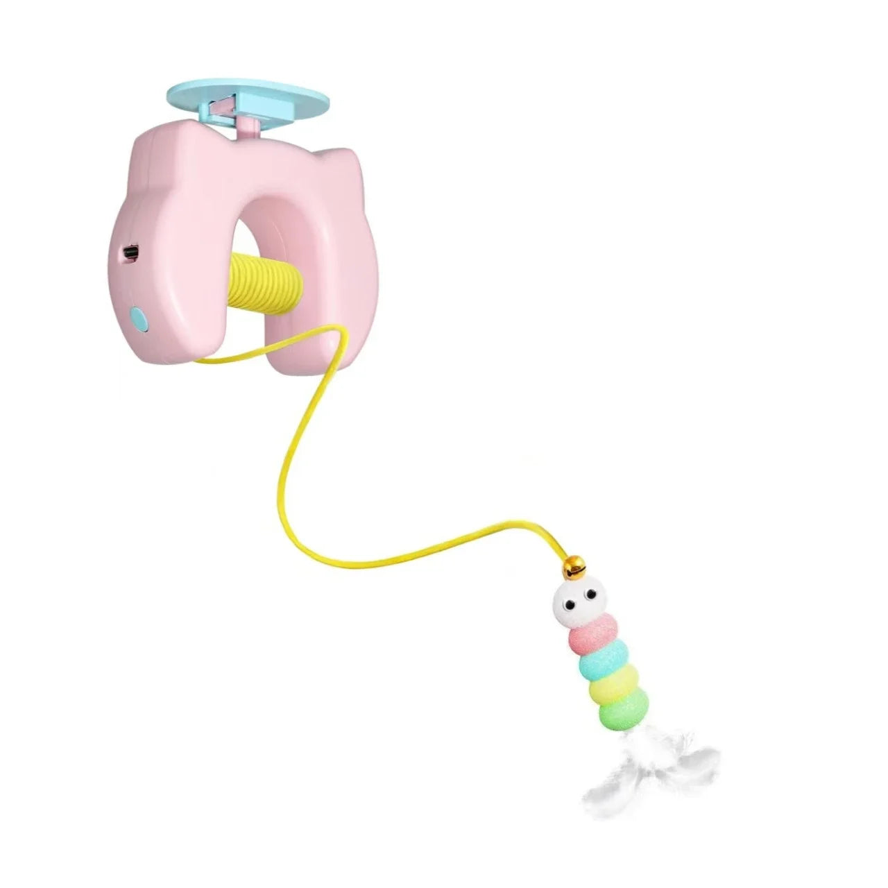 Pink toy with a yellow string and colorful bead charm on a white background
