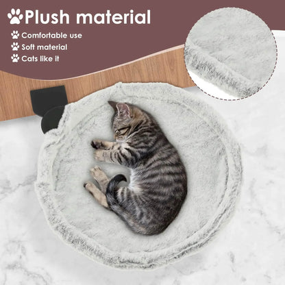 Cat sleeping on a plush pet bed with text about plush material