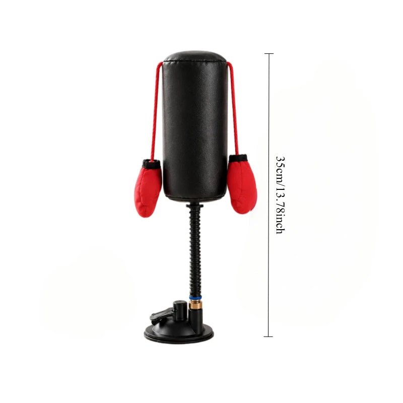 Black and red punching bag with stand on a white background
