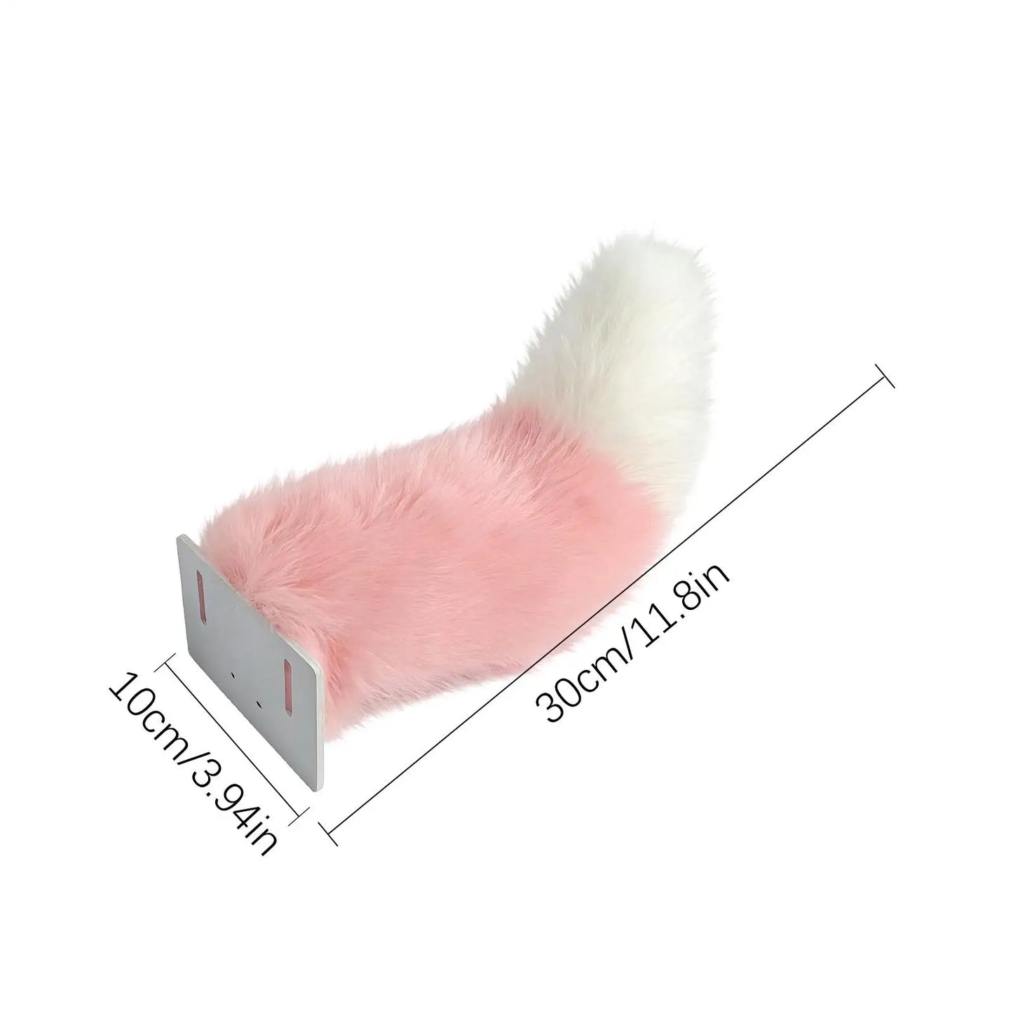 Measurement chart with pink and white fur strip and metal bracket on a white background