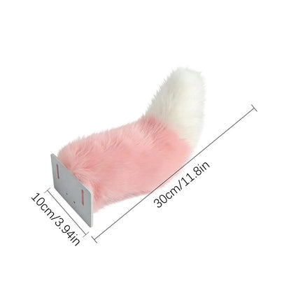 Measurement chart with pink and white fur strip and metal bracket on a white background