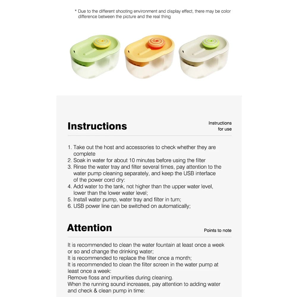 Product Instruction Manual Included with Cat Water Fountain