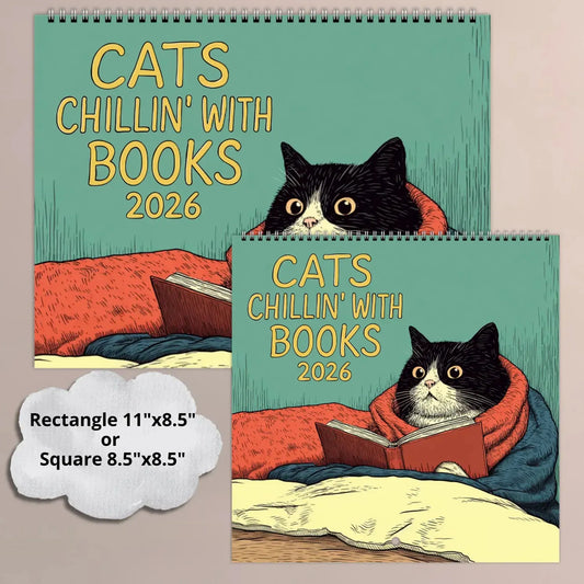 Calendar cover with a cat reading a book, titled 'Cats Chillin' with Books 2026', showing dimensions.