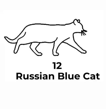 Black line drawing of a Russian Blue cat with the number 12 below on a white background