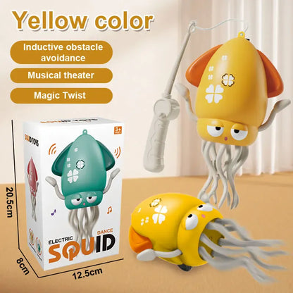 Yellow electric squid toy with packaging and features listed on a beige background for cats 