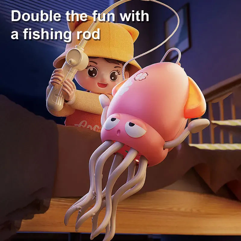 Cartoon character with a pink jellyfish toy and text 'Double the fun with a fishing rod' on a wooden surface.