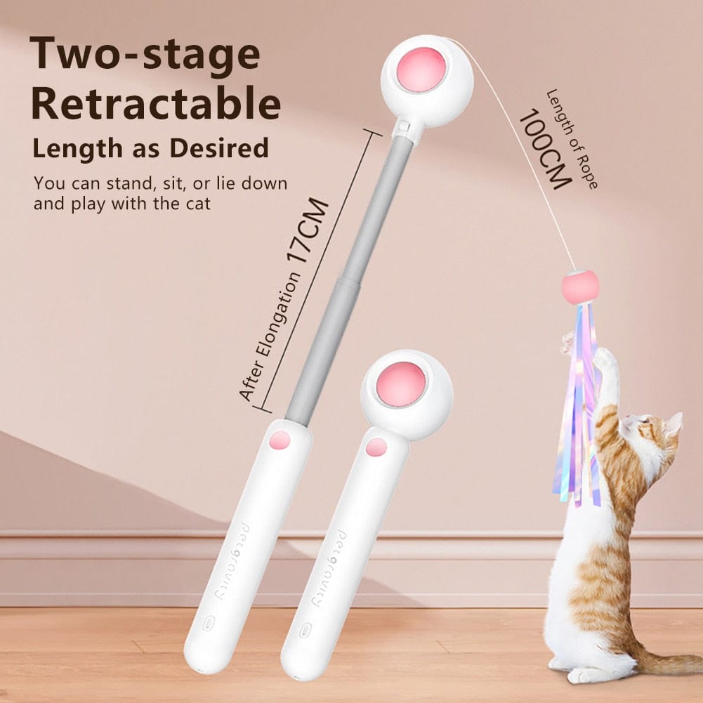 Retractable cat teaser toy featuring feathers