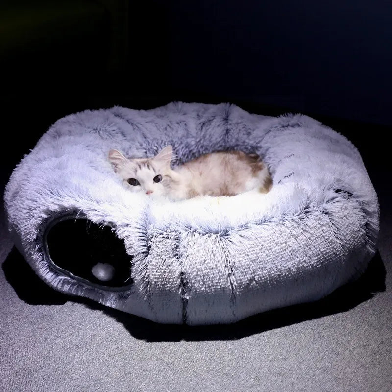 Plush Cat Bed With Tunnel Home Multifunctional Cat Toys Fluffy Donut Foldable Cat Passage Warm Cat Nest Universal Pet Supplies