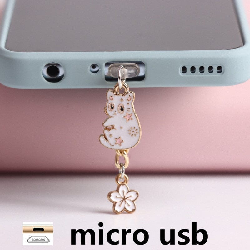 Whimsical cat phone charms for keeping dust away
