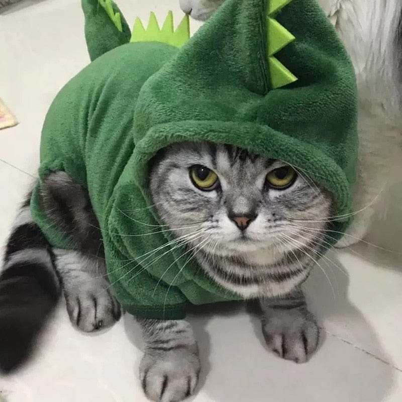 Dino-themed cat cozy coat costume