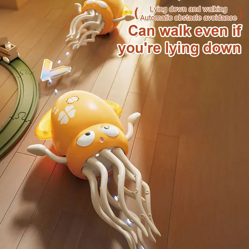 Toy octopus with text on a wooden floor for cats toys