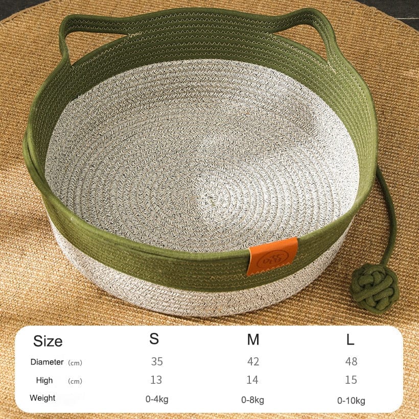 Hand-woven cat bed with cooling properties