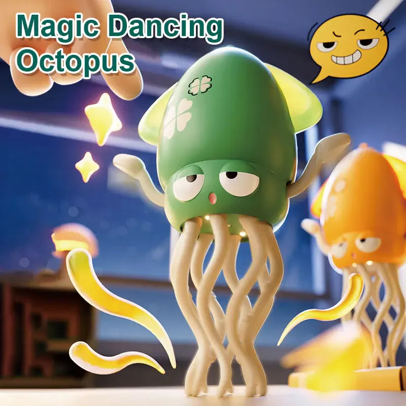 Green and orange dancing octopus toys with a blurred indoor background