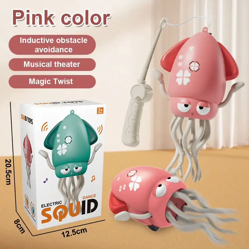 Pink electric squid toy with packaging and features listed on a beige background for cats 