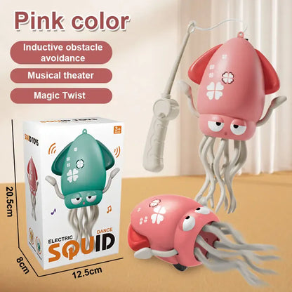 Pink electric squid toy with packaging and features listed on a beige background for cats 