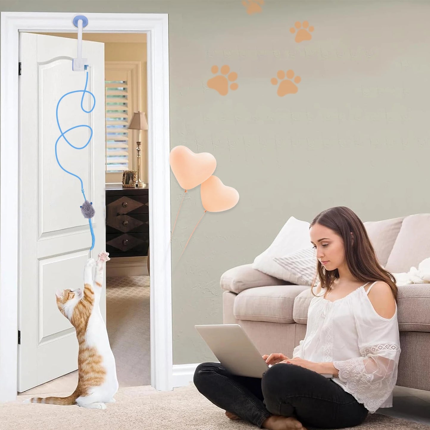Door Hanging Auto-Rebound Cat Toy Retractable Kitten Teaser with 3 Catnip Mice  Interactive Pet Play Toy for Indoor Playing Exer